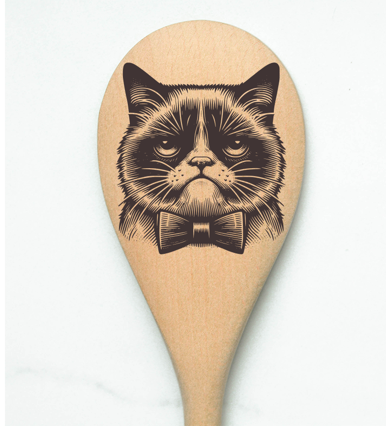 Cat with a Bowtie Looking Grumpy Wooden Cooking Spoon Kitchen
