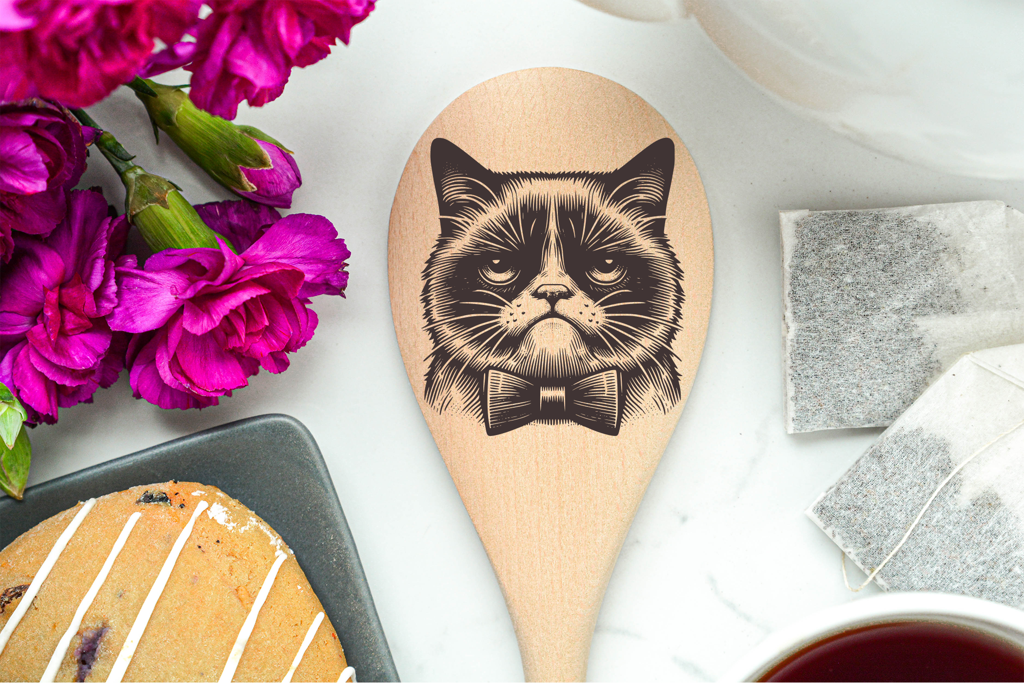 Cat with a Bowtie Looking Grumpy Wooden Cooking Spoon Kitchen