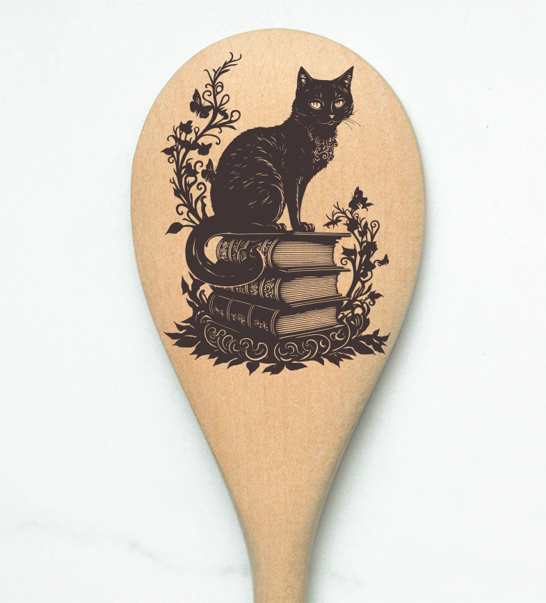 Black Cat Sittong On Books Wooden Cooking Spoon Kitchen