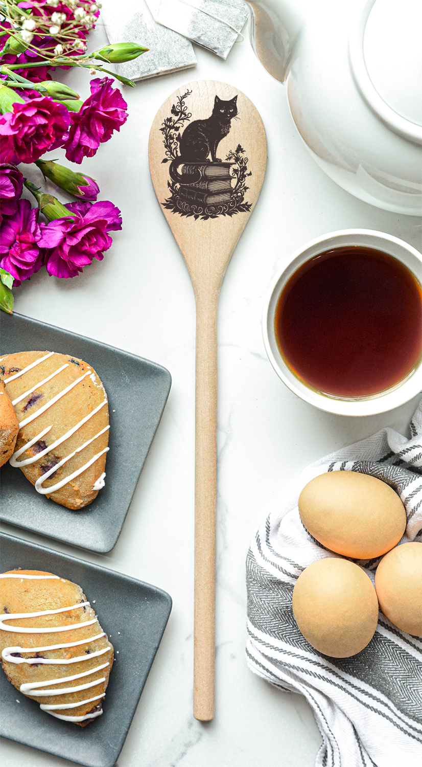 Black Cat Sittong On Books Wooden Cooking Spoon Kitchen