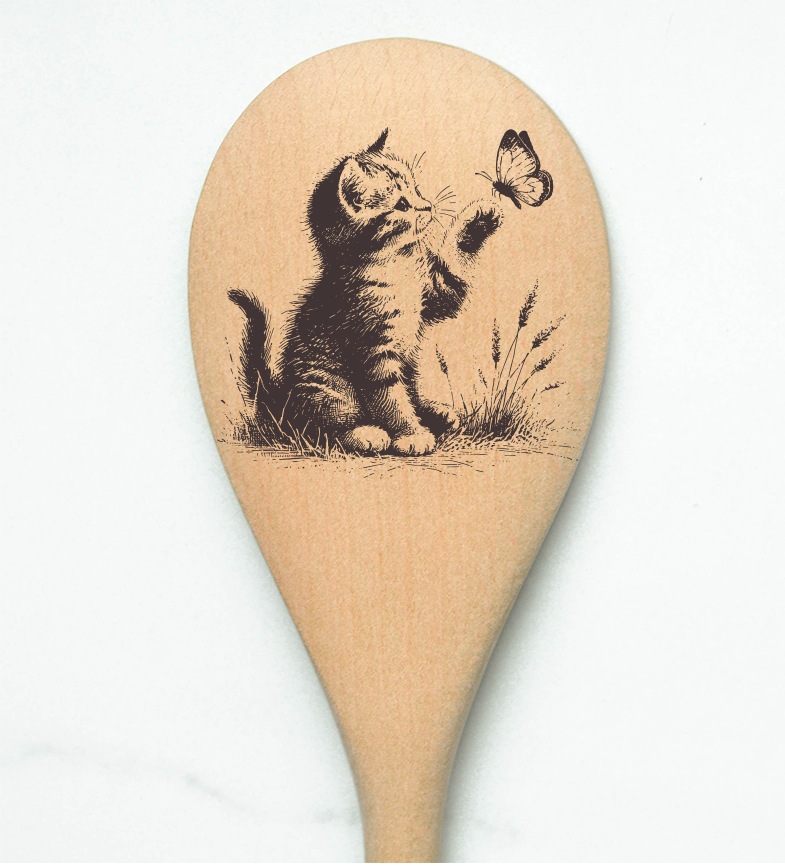 Cat Kitten Playing with Butterfly Wooden Cooking Spoon Kitchen