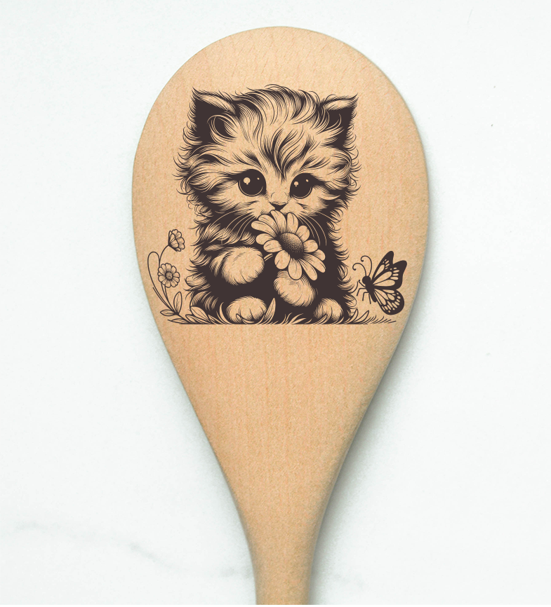 Cat Kitten Holding Flower with Butterfly Wooden Cooking Spoon Kitchen