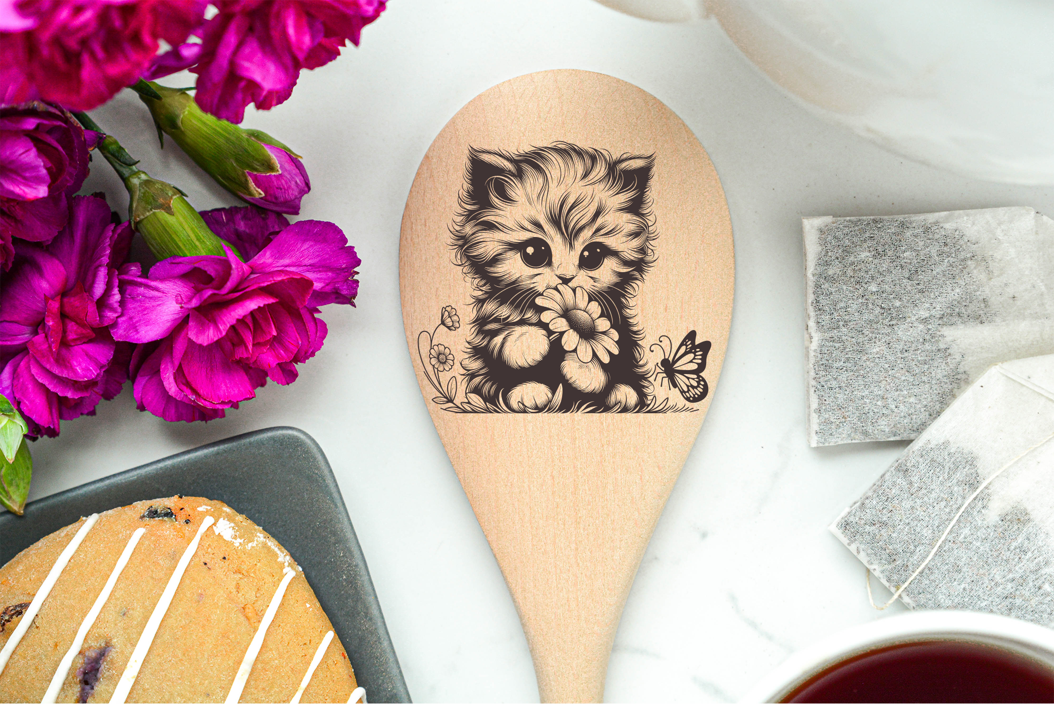 Cat Kitten Holding Flower with Butterfly Wooden Cooking Spoon Kitchen