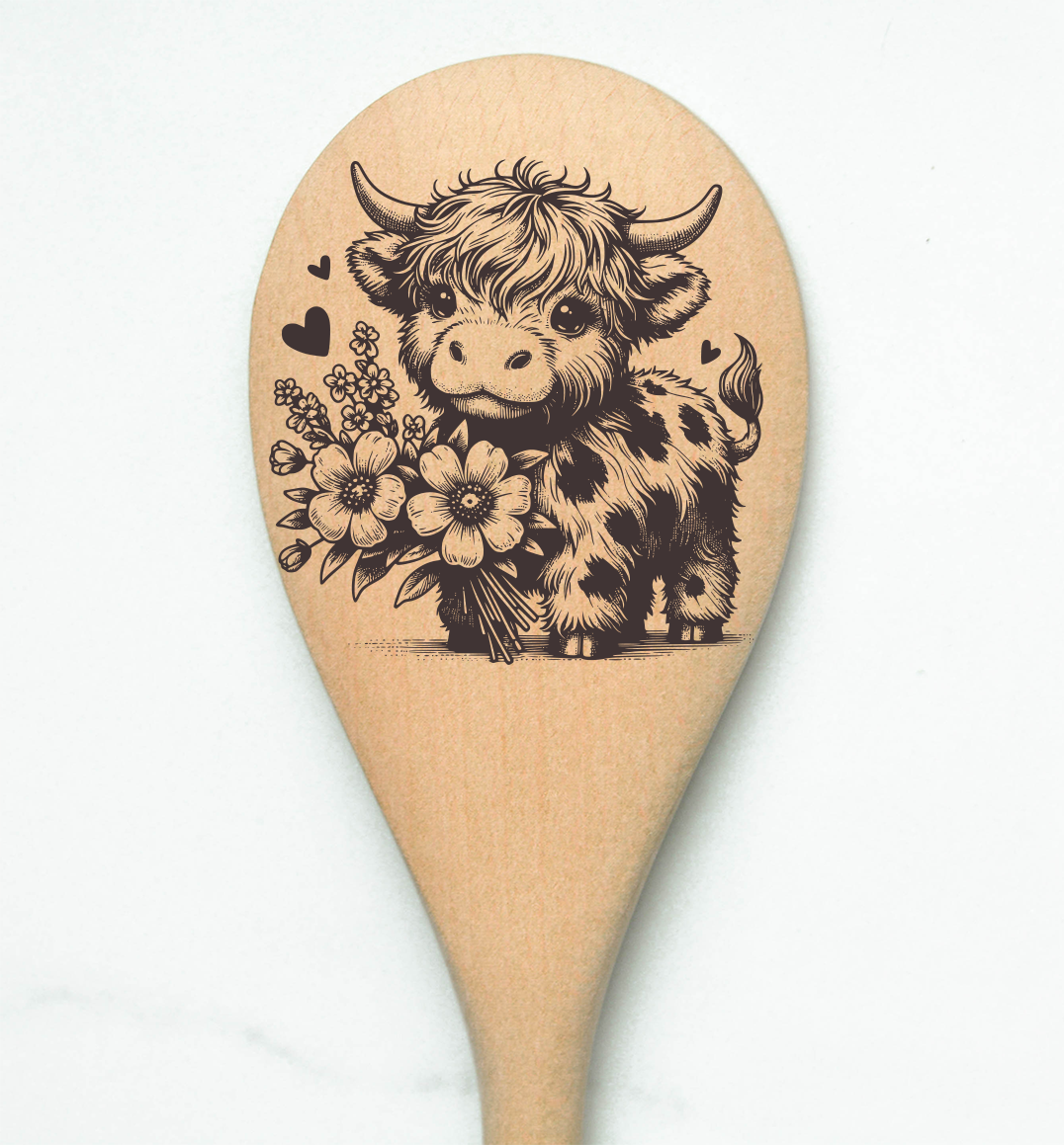 Highland Cow Baby Flower & Hearts Heilan Hairy Coo Scottish Shaggy Cow Farm Wooden Cooking Spoon Kitchen