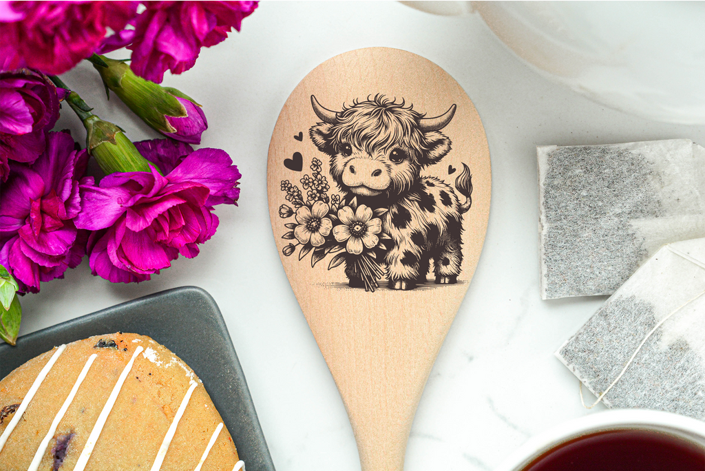 Highland Cow Baby Flower & Hearts Heilan Hairy Coo Scottish Shaggy Cow Farm Wooden Cooking Spoon Kitchen