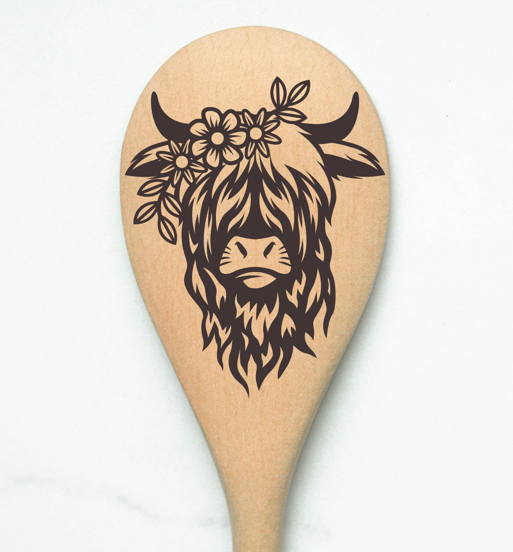 Highland Cow Flowers Heilan Hairy Coo Scottish Shaggy Cow Farm Wooden Cooking Spoon Kitchen