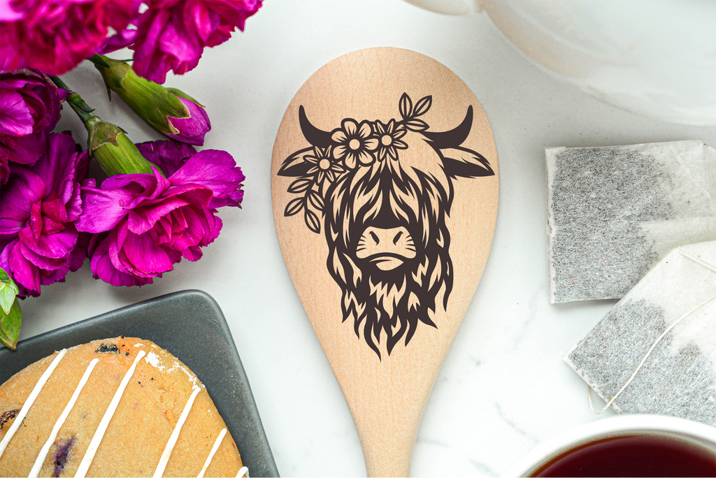 Highland Cow Flowers Heilan Hairy Coo Scottish Shaggy Cow Farm Wooden Cooking Spoon Kitchen