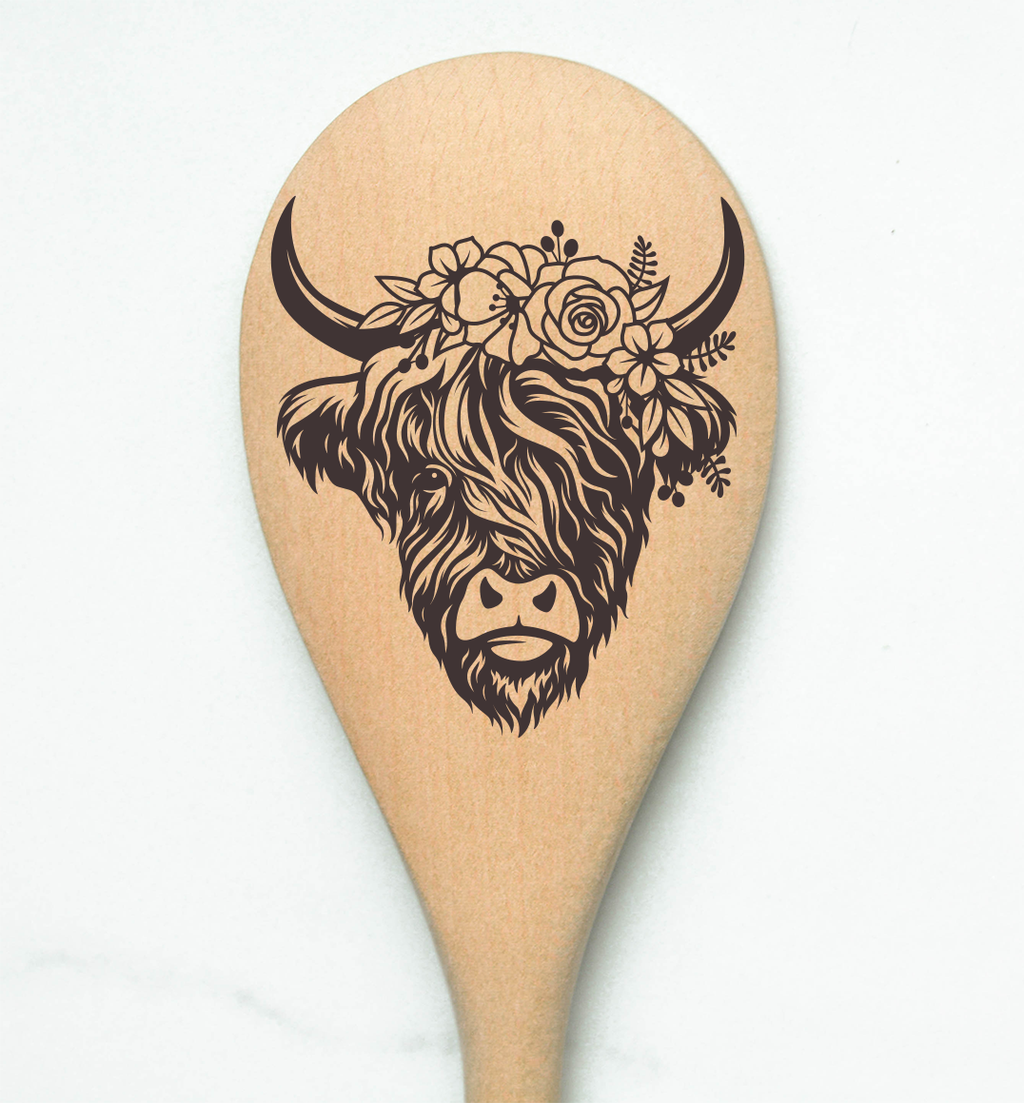 Highland Cow Flowers Heilan Hairy Coo Scottish Shaggy Cow Farm Wooden Cooking Spoon Kitchen