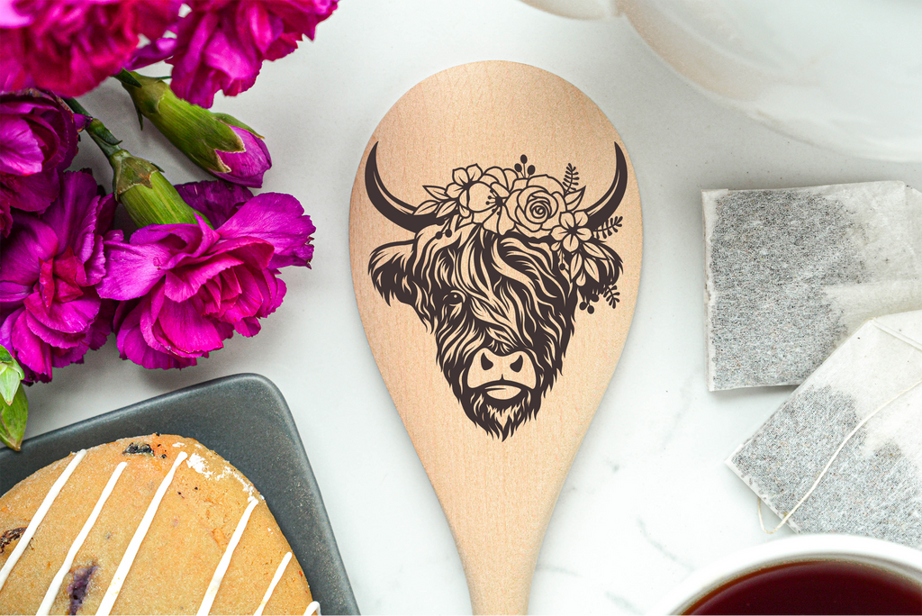 Highland Cow Flowers Heilan Hairy Coo Scottish Shaggy Cow Farm Wooden Cooking Spoon Kitchen