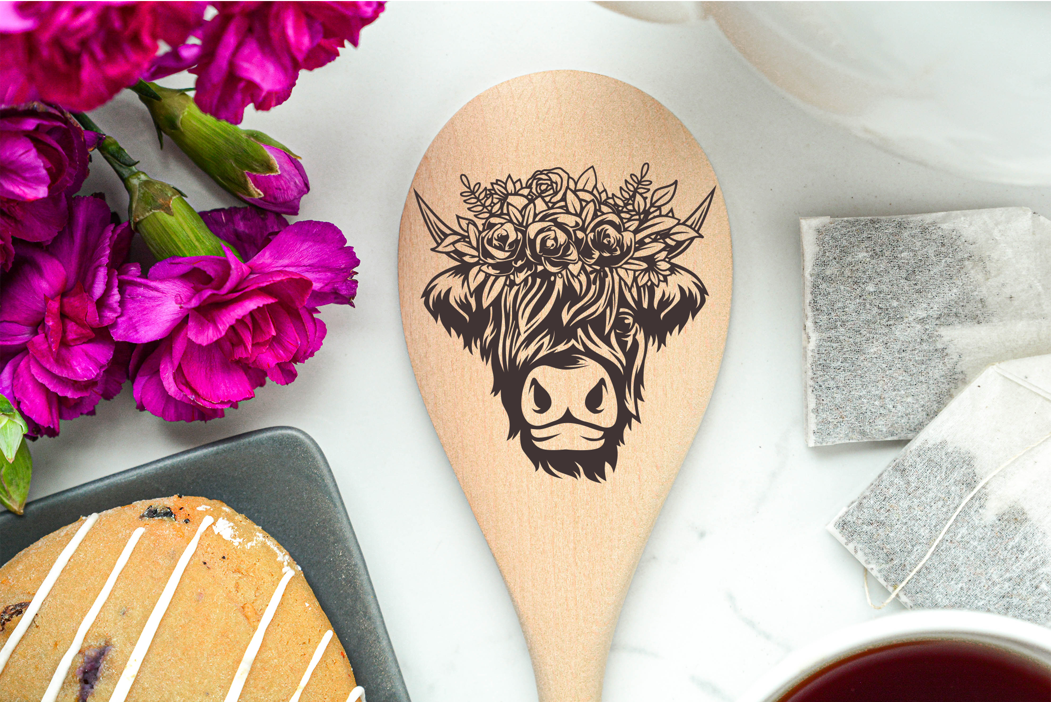 Highland Cow Flower Crown Heilan Hairy Coo Scottish Shaggy Cow Farm Wooden Cooking Spoon Kitchen