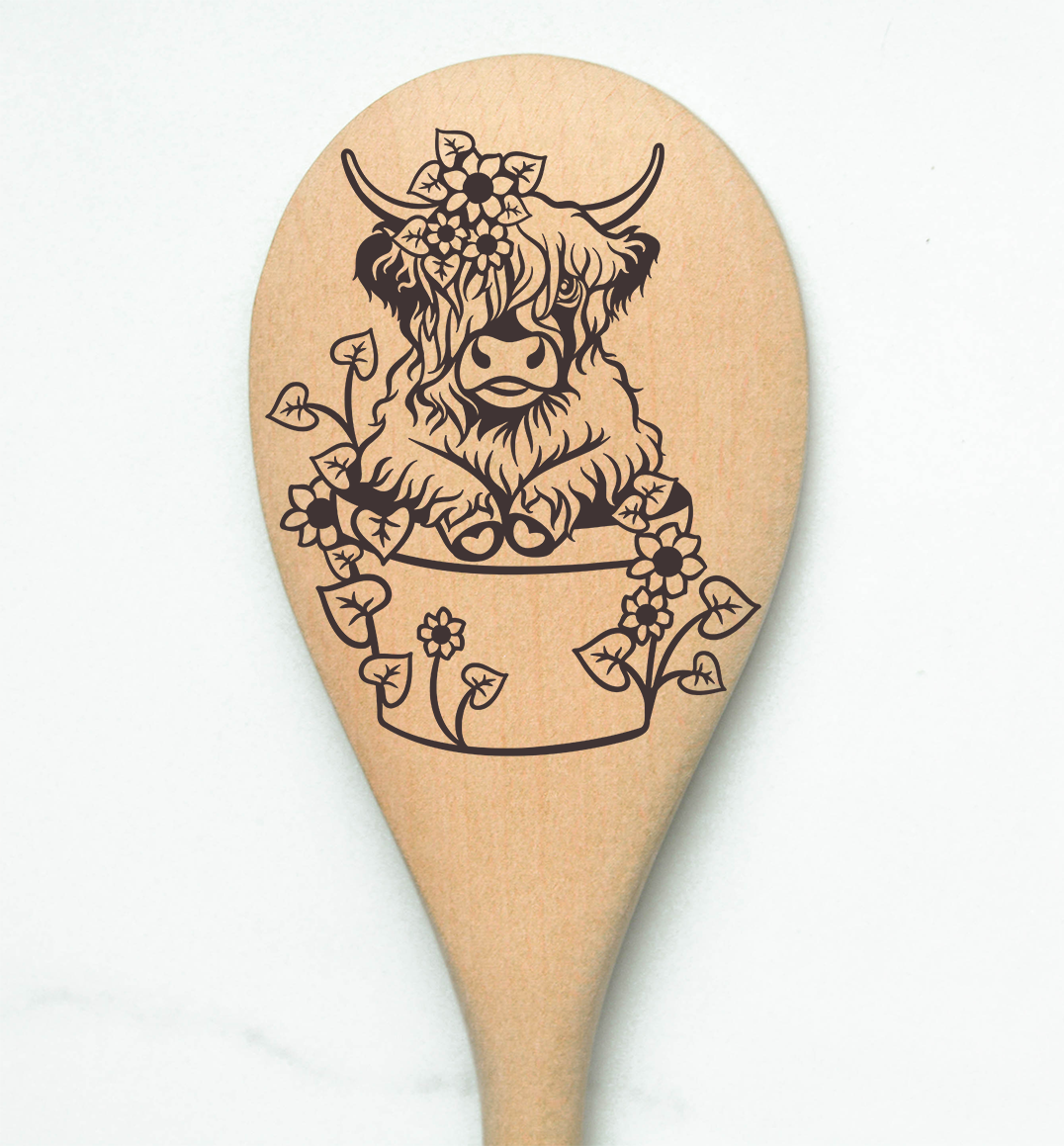 Highland Cow In Flower Pot Heilan Hairy Coo Scottish Shaggy Cow Farm Wooden Cooking Spoon Kitchen