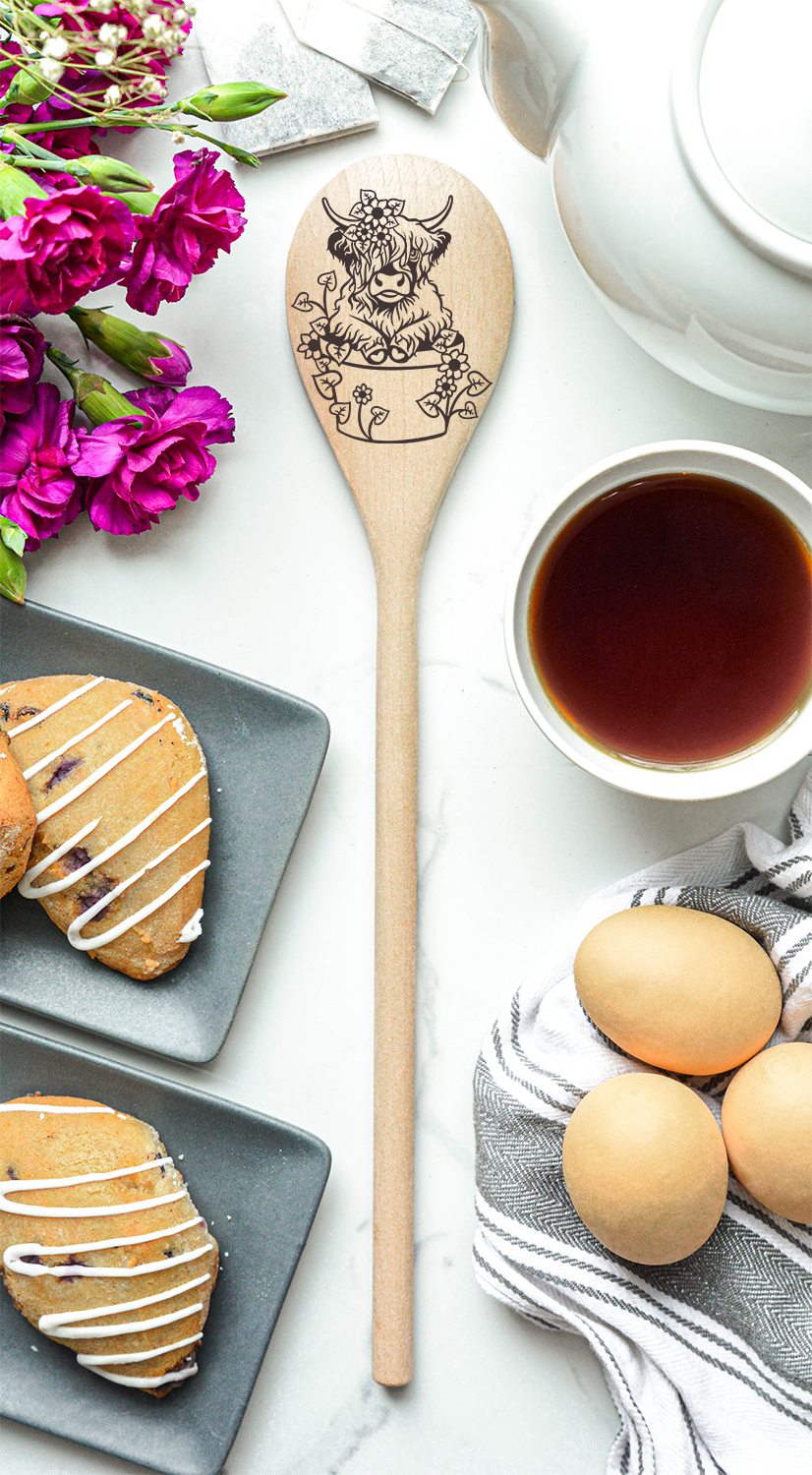 Highland Cow In Flower Pot Heilan Hairy Coo Scottish Shaggy Cow Farm Wooden Cooking Spoon Kitchen