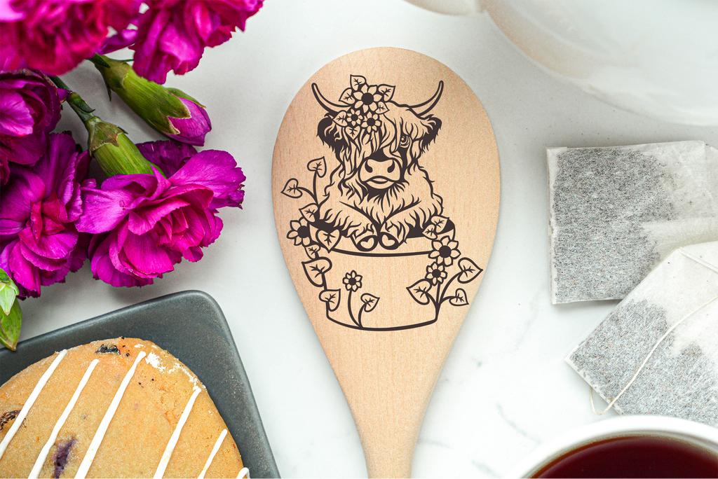 Highland Cow In Flower Pot Heilan Hairy Coo Scottish Shaggy Cow Farm Wooden Cooking Spoon Kitchen