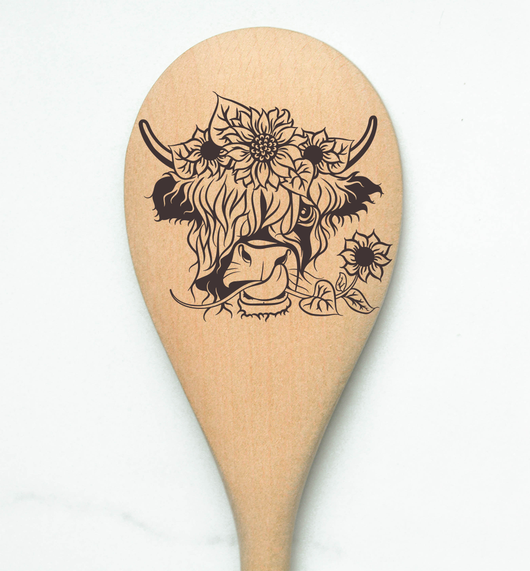 Highland Cow Eating SunFlowers Heilan Hairy Coo Scottish Shaggy Cow Farm Wooden Cooking Spoon Kitchen