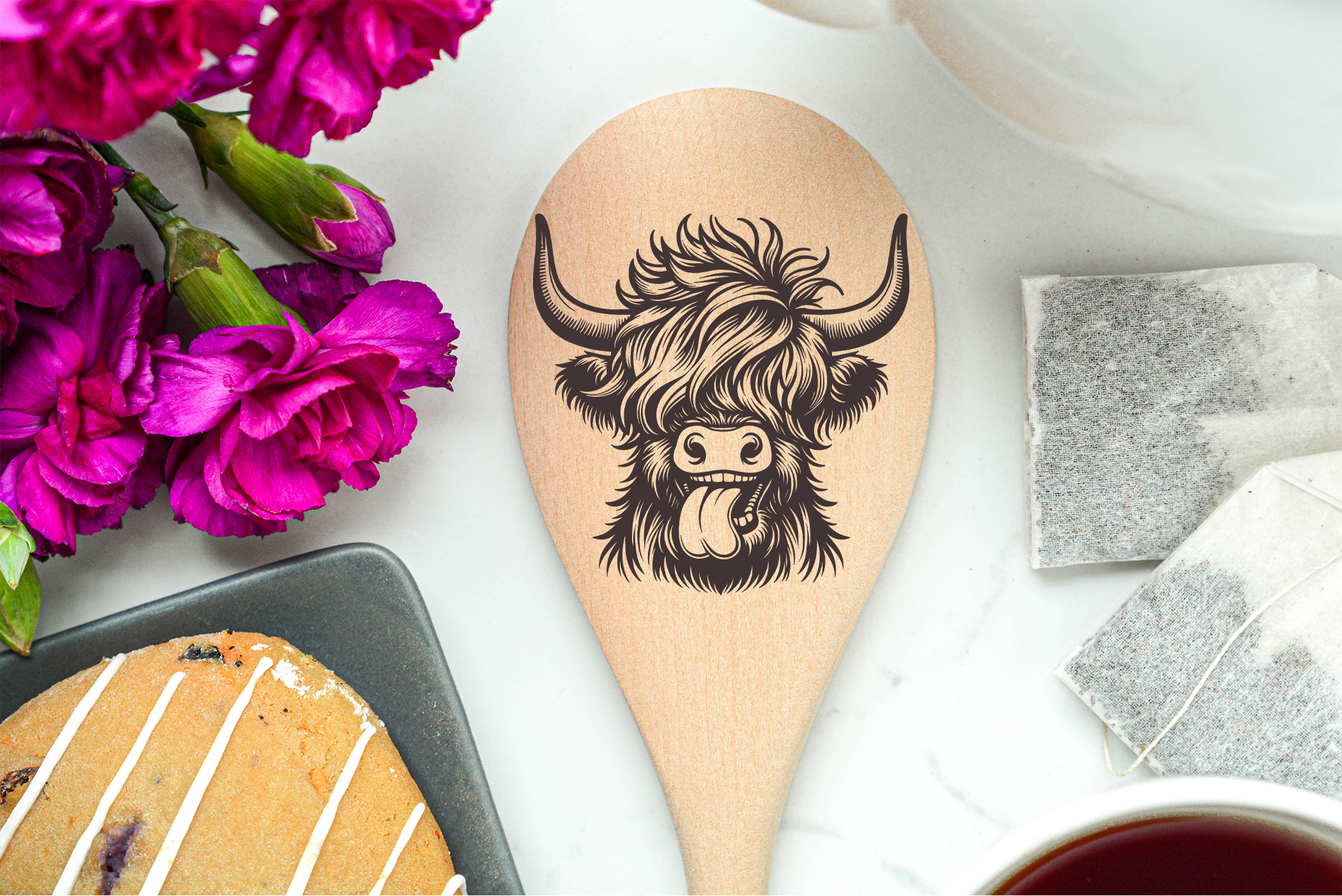 Highland Cow Happy Tongue Heilan Hairy Coo Scottish Shaggy Cow Farm Wooden Cooking Spoon Kitchen