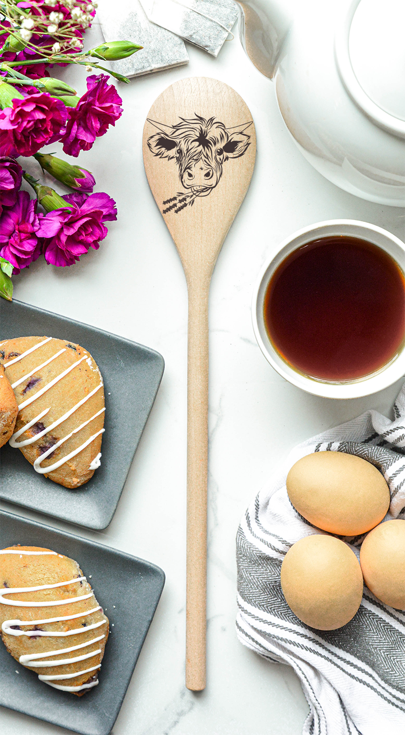 Highland Cow Eating Wheat Heilan Hairy Coo Scottish Shaggy Cow Farm Wooden Cooking Spoon Kitchen