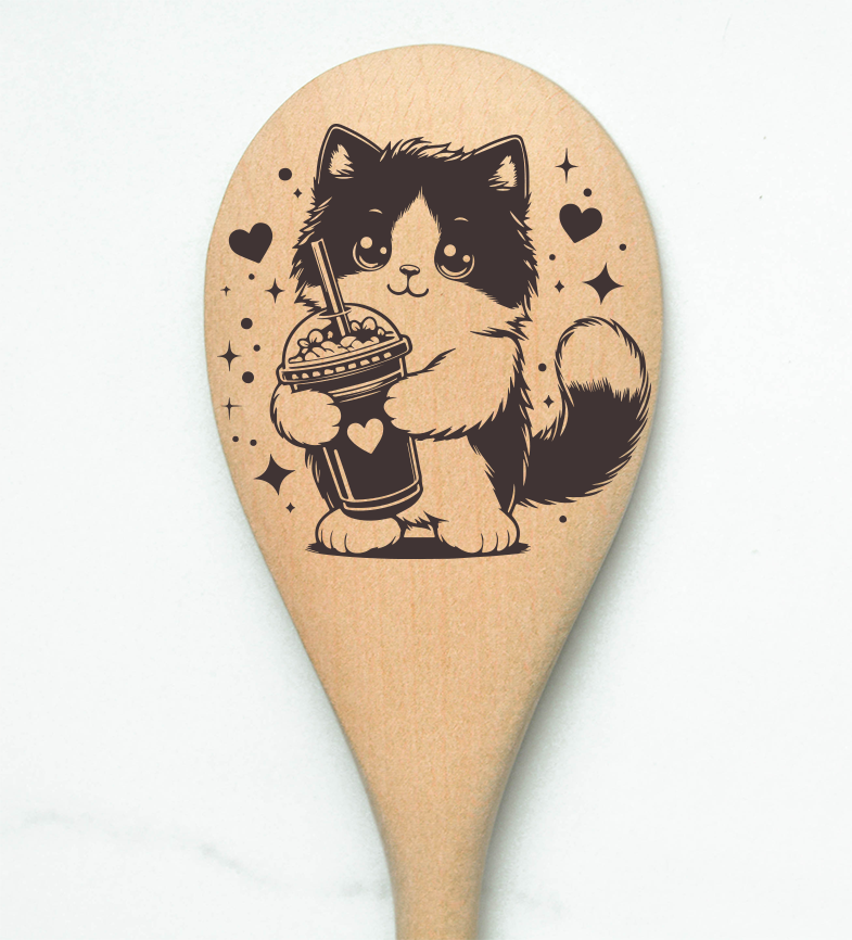 Cat Drinking  a Latte Wooden Cooking Spoon Kitchen