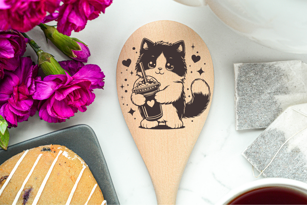 Cat Drinking  a Latte Wooden Cooking Spoon Kitchen