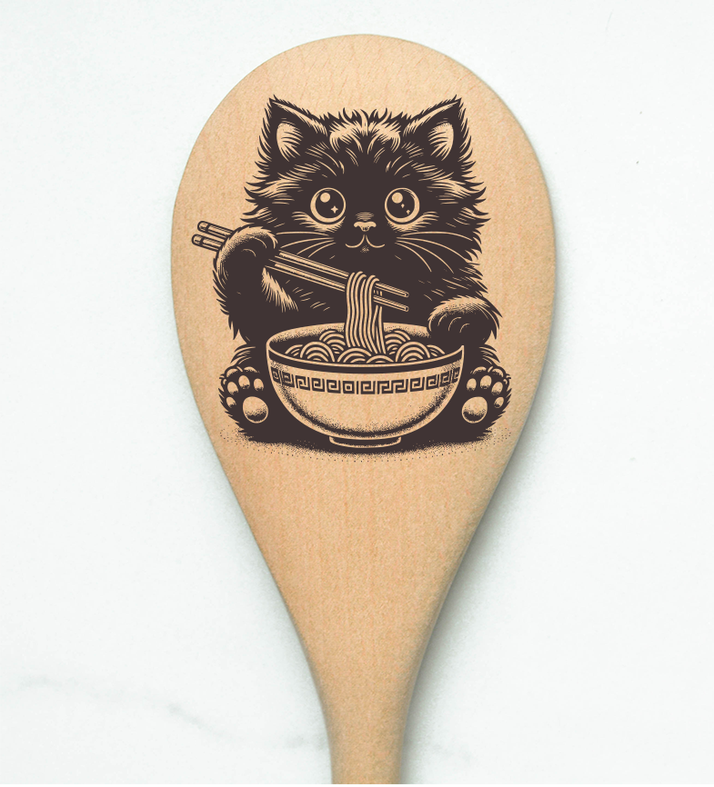 Cat eating Ramen Noodles Wooden Cooking Spoon Kitchen