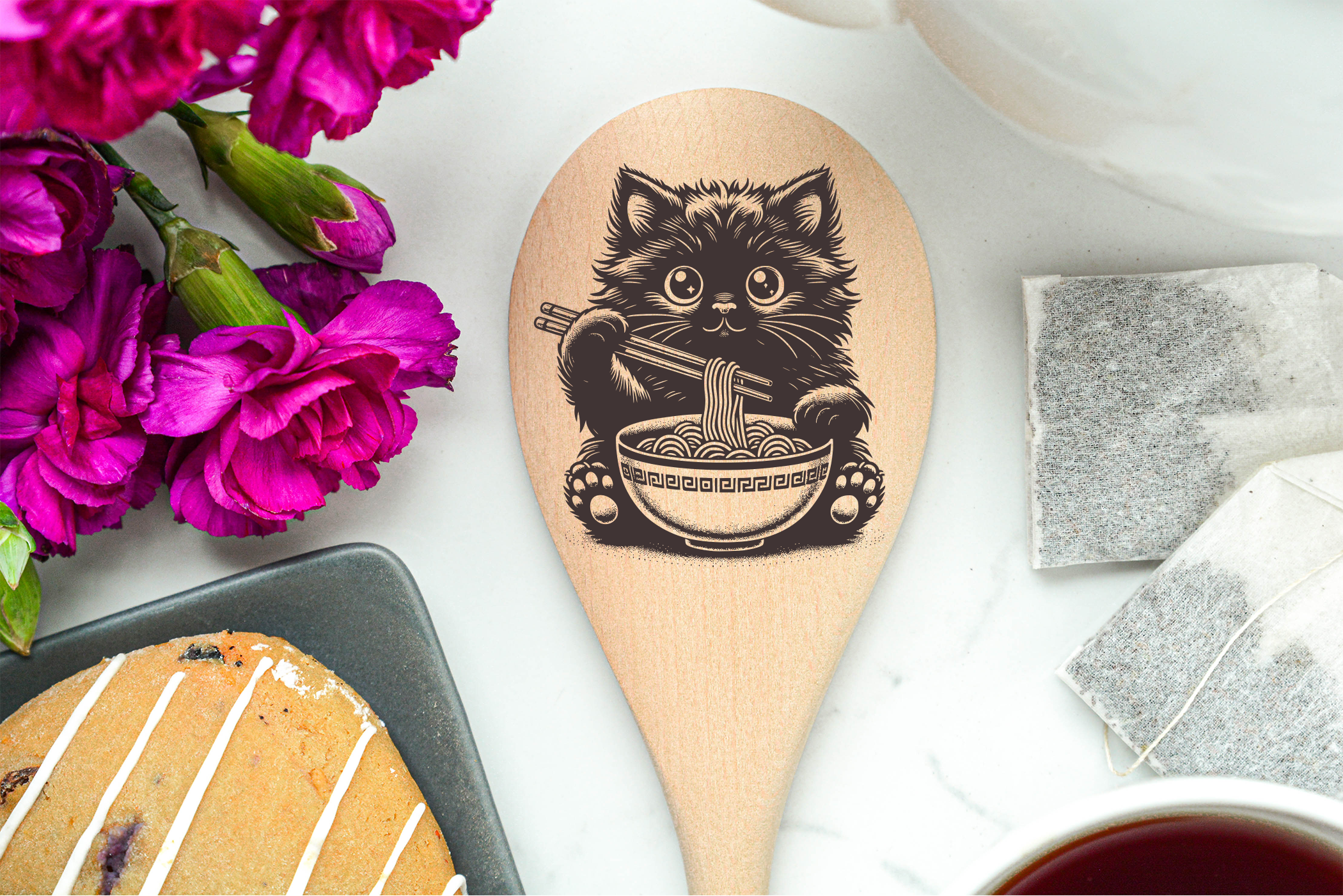 Cat eating Ramen Noodles Wooden Cooking Spoon Kitchen